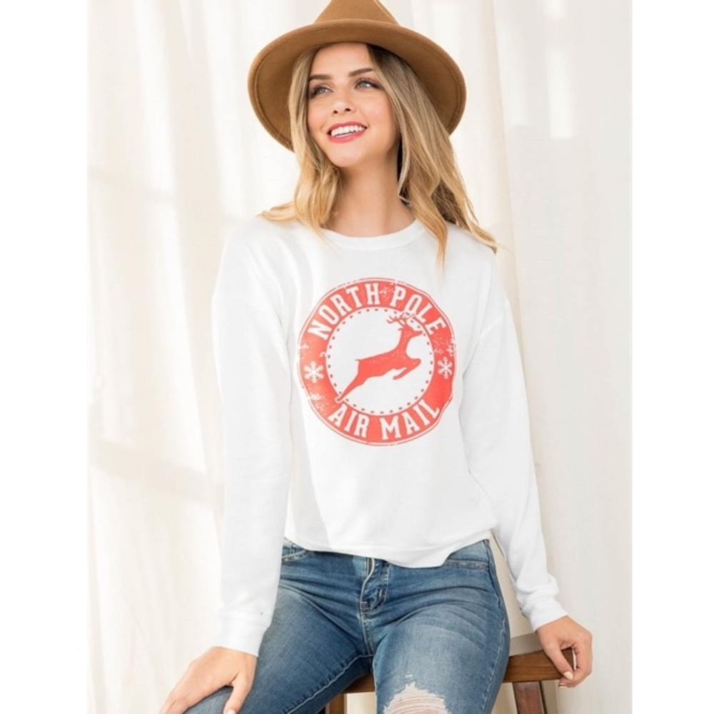 North Pole Air Mail long sleeve crew neck Print Top - Picture 2 of 11